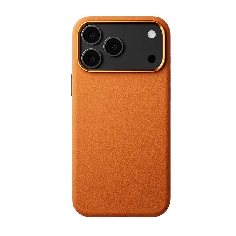 Orange genuine leather MagSafe case on a triple-camera iPhone 17 Pro Max