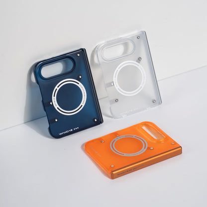 Transparent Blue, White and Orange cases arranged on a white table