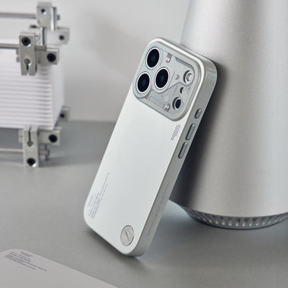 Chrome silver case leaning on a white lamp base