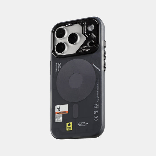 Black frosted magnetic iPhone case with mechanical graphics and silver camera surround