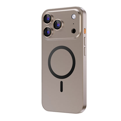 Desert Gold metal MagSafe case with orange accent button