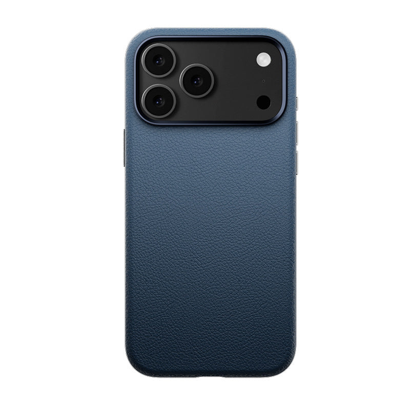 Blue leather case on a triple-camera iPhone