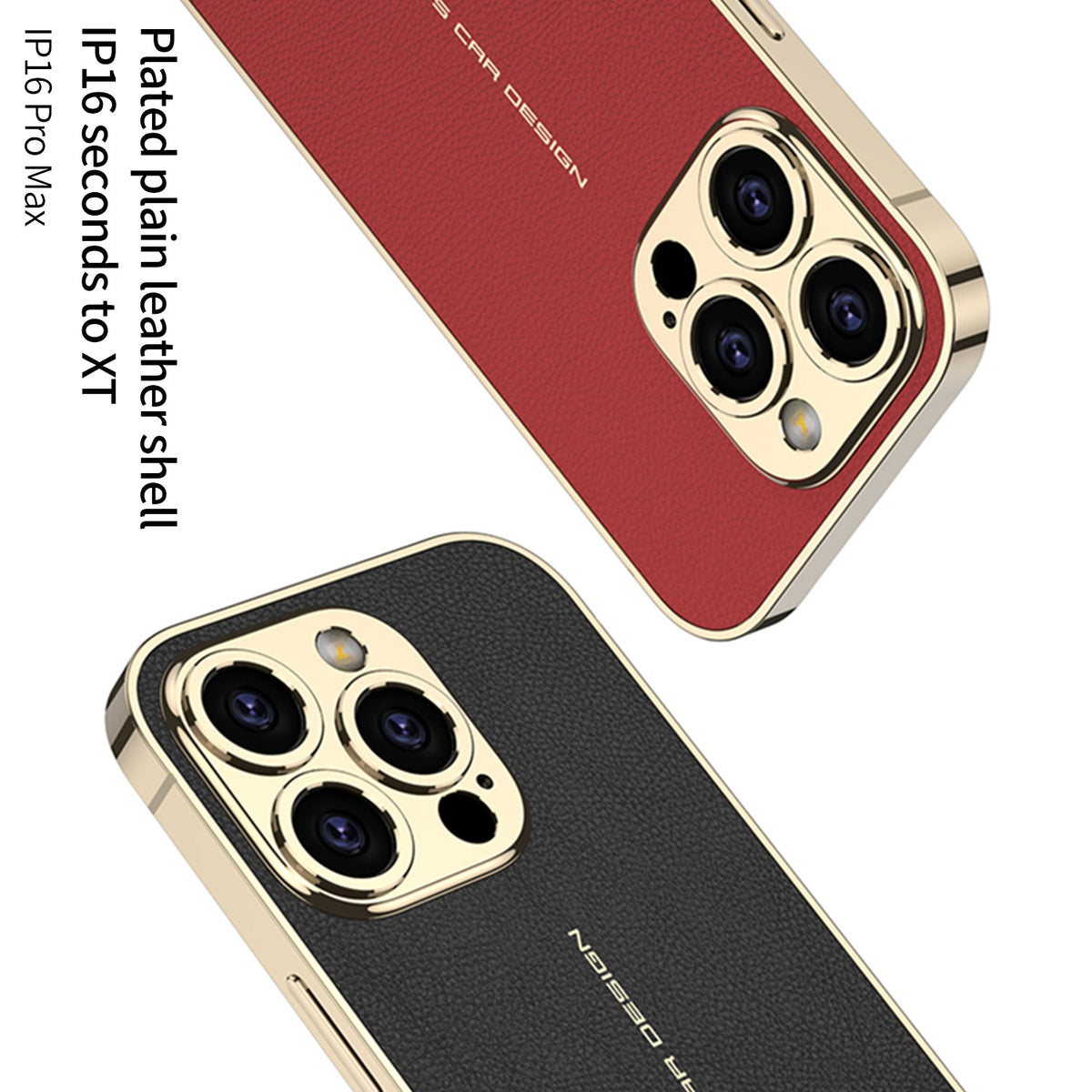 Close-up of red and black leather-look cases showing gold-tone lens rings