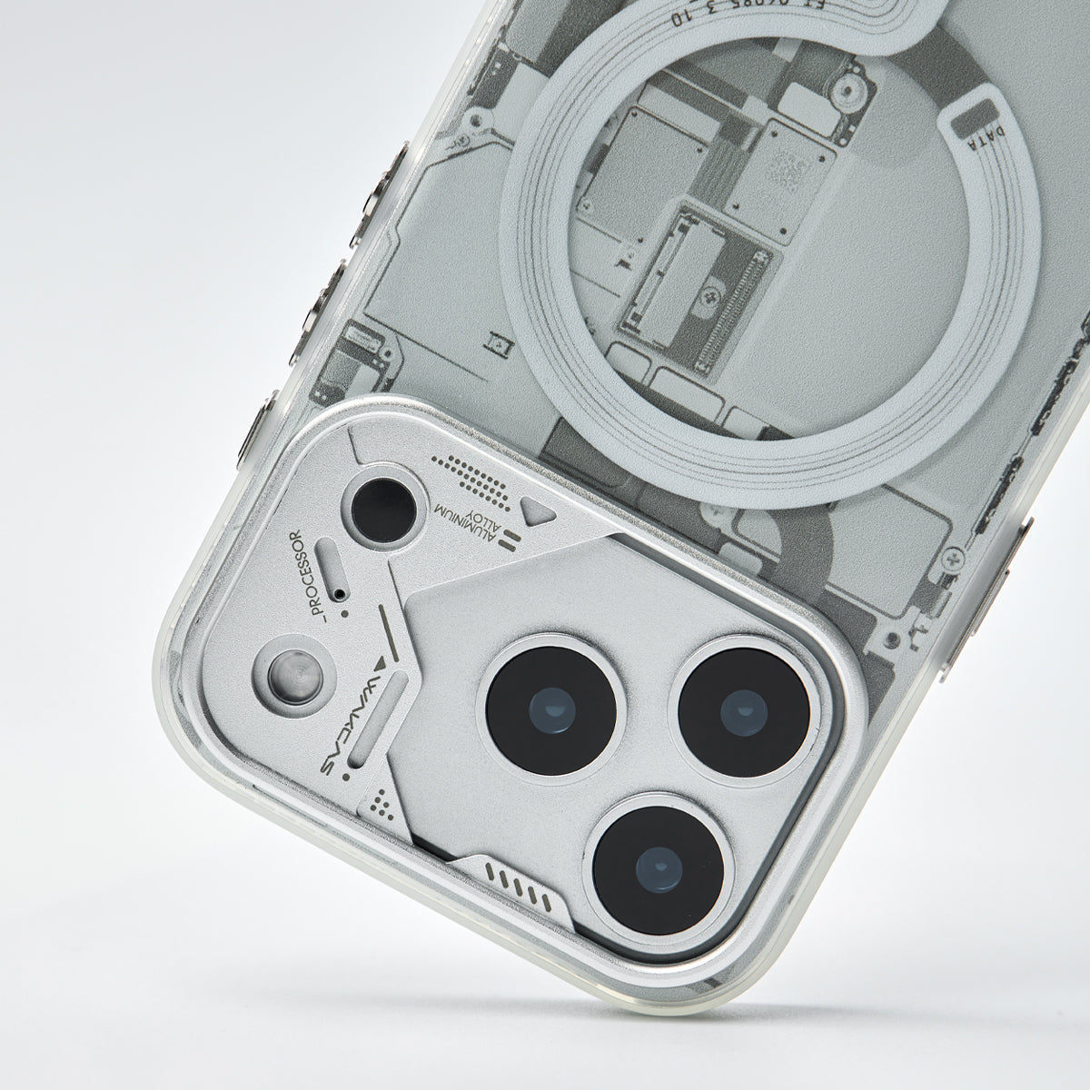 Close-up of the grey circuit board case camera surround