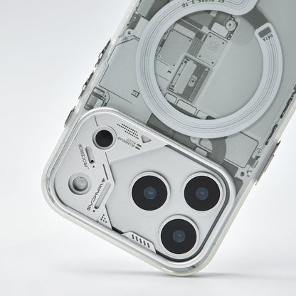 Close-up of the grey circuit board case camera surround