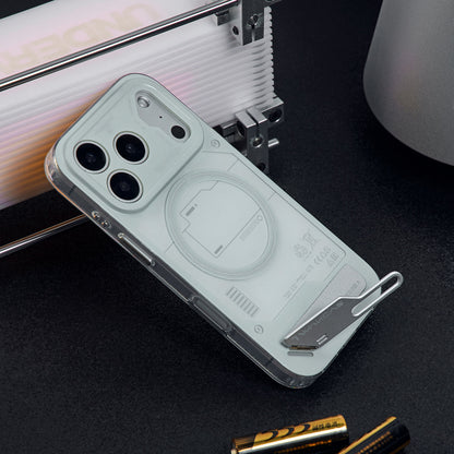 Grey case standing on its metal kickstand