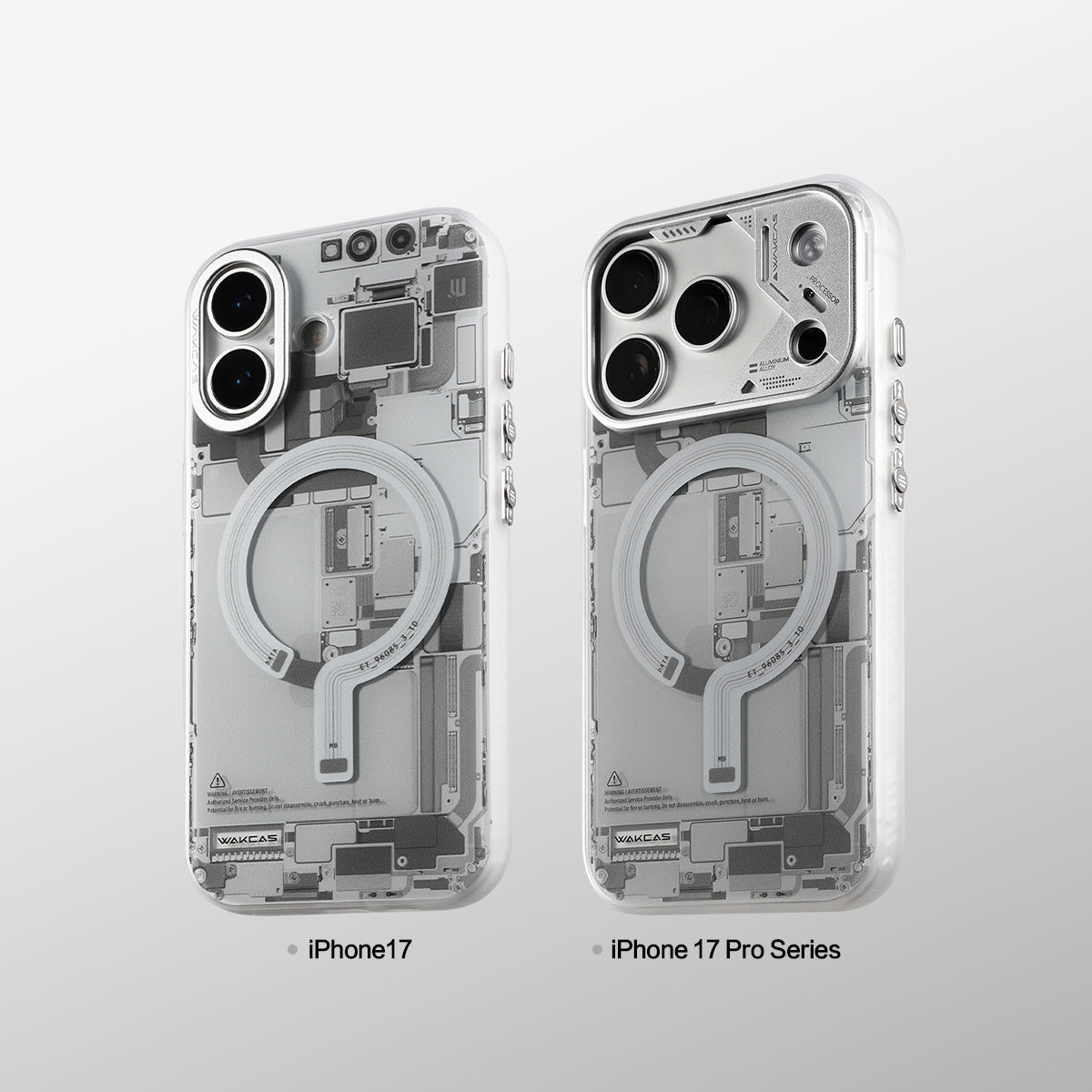 Grey circuit board cases for iPhone 17 and iPhone 17 Pro series compared