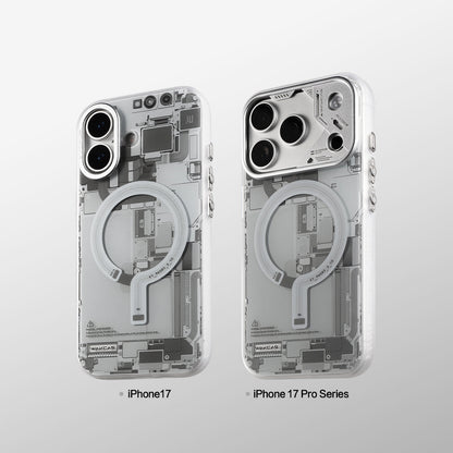 Grey circuit board cases for iPhone 17 and iPhone 17 Pro series compared
