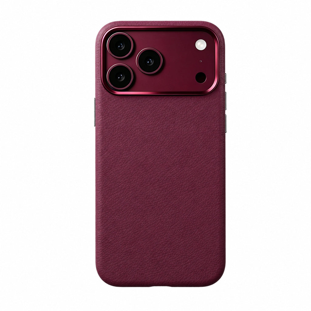 Cherry Red leather case on a triple-camera iPhone