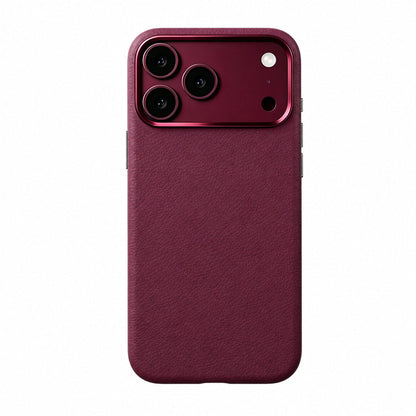 Cherry Red leather case on a triple-camera iPhone