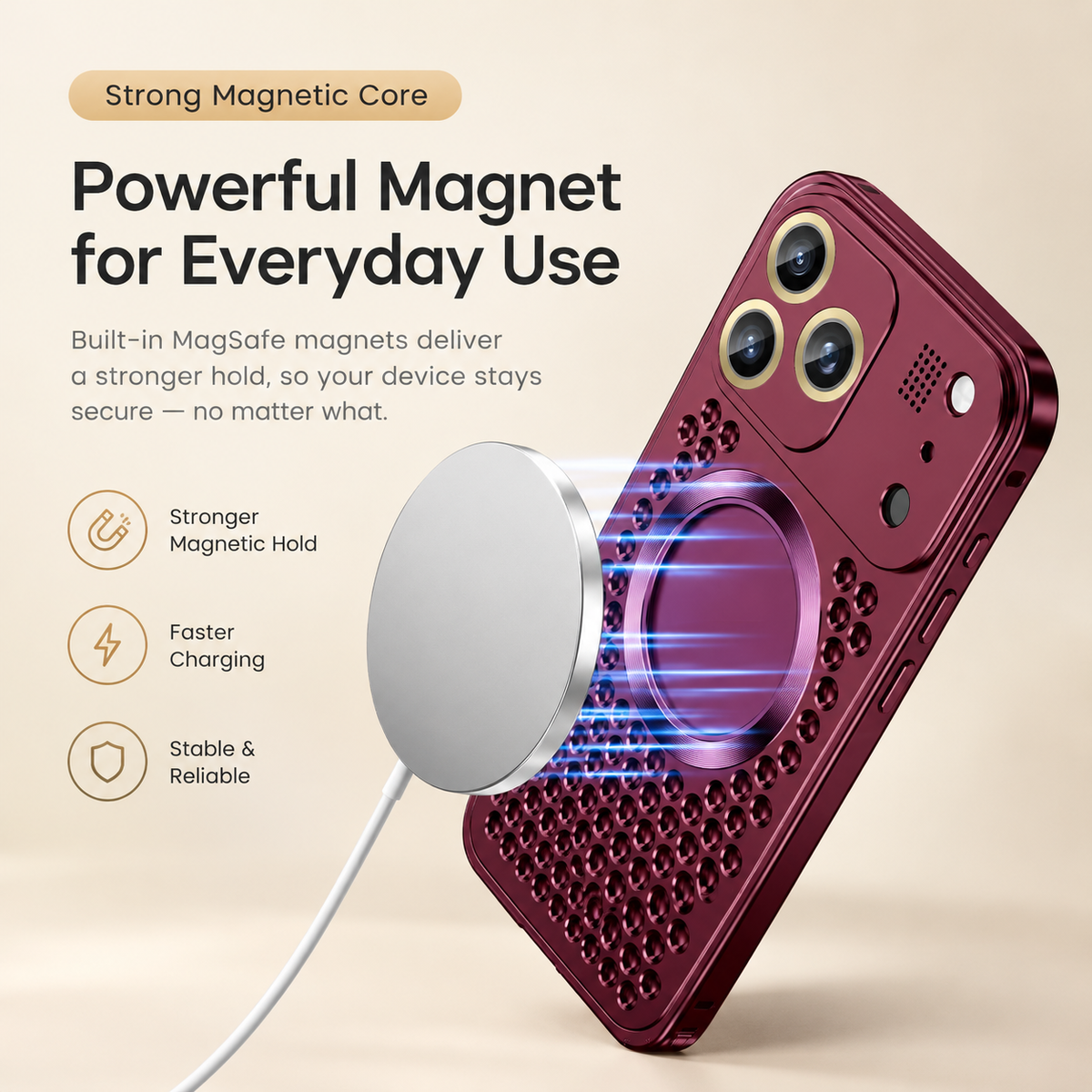 Burgundy aluminum iPhone case attached to a magnetic wireless charger