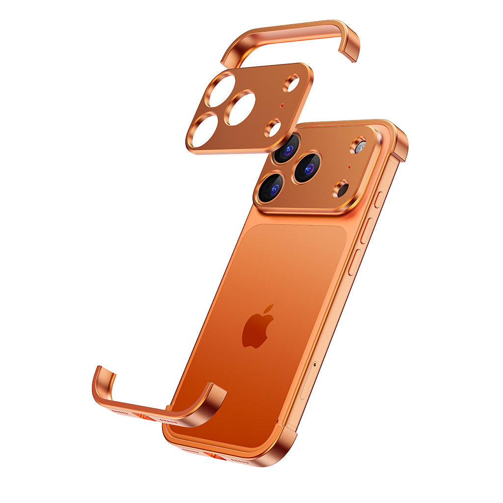 Exploded view of the orange two-piece aluminum bumper separating from the phone