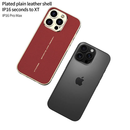 Red leather-look iPhone case lying at an angle next to a black iPhone