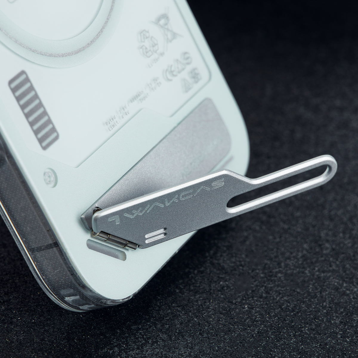 Close-up of the folding metal kickstand opened