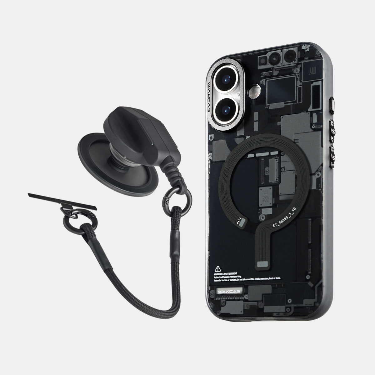 Black circuit board case for iPhone 17 Pro series with socket stand