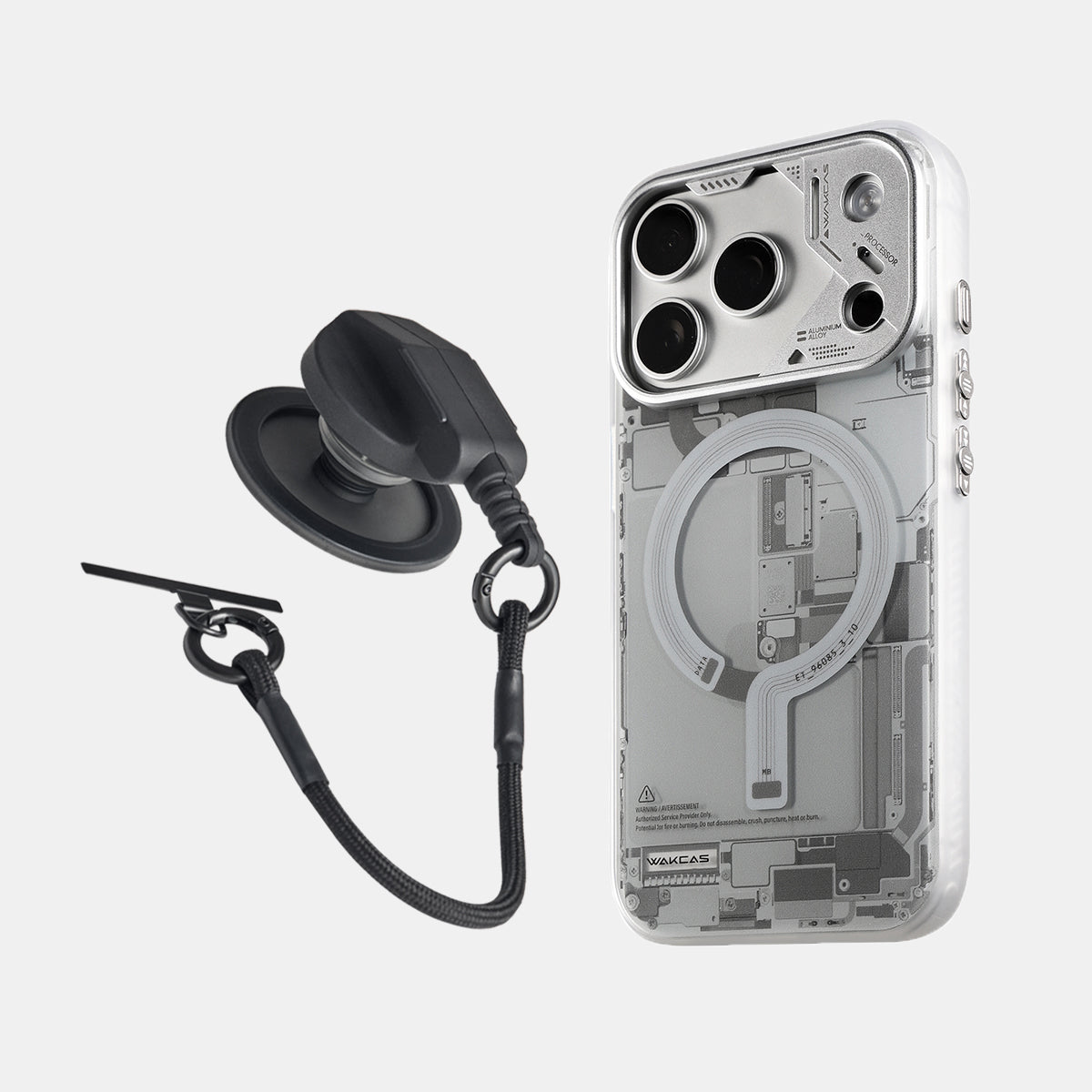 Grey circuit board case for iPhone 17 Pro series beside black socket stand