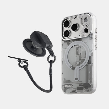 Grey circuit board case for iPhone 17 Pro series beside black socket stand