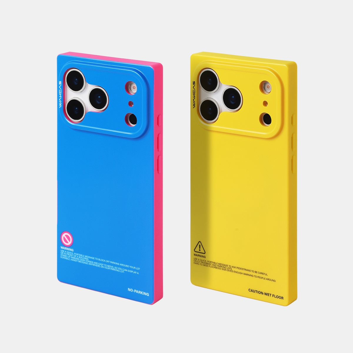 Blue and yellow square cases side by side, rear view