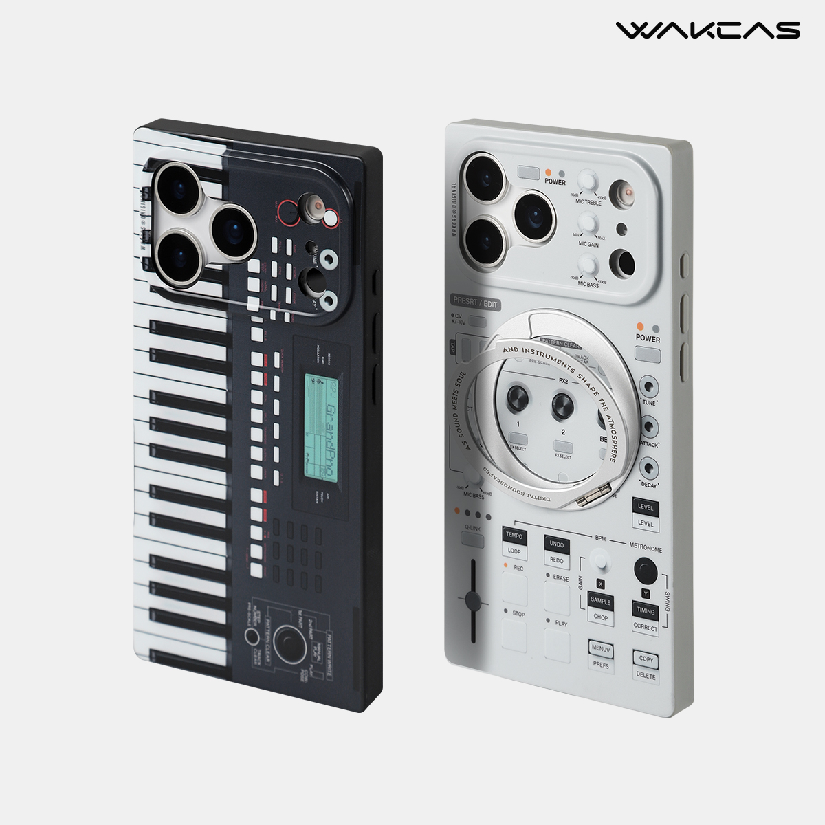 Black piano-key and gray sampler cases side by side