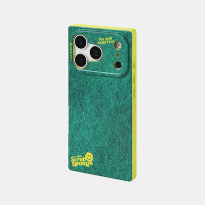 iPhone 17 Pro Max sponge-print magnetic case in green with yellow square edges, back view