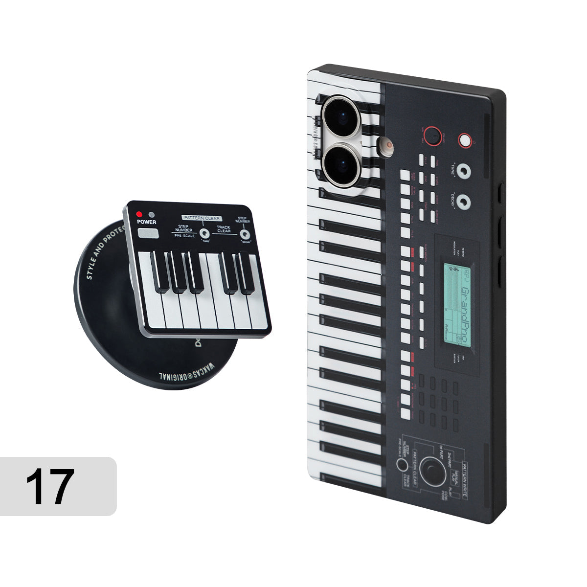 Black piano-key case for iPhone 17 with the piano magnetic stand