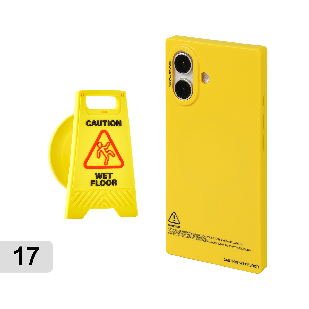 Yellow square case for iPhone 17 with wet-floor sign stand