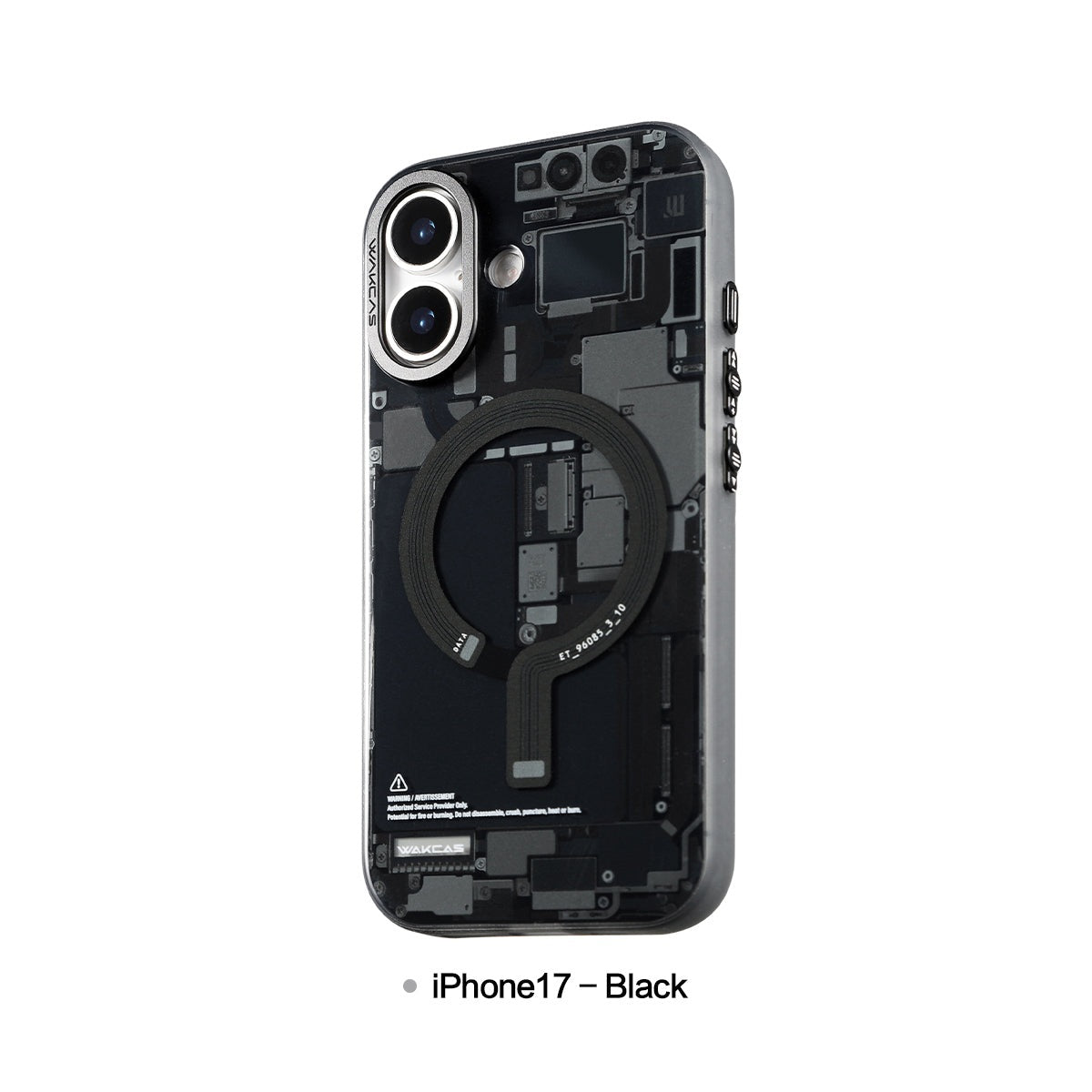 Black circuit board case for iPhone 17 with dual camera cutout
