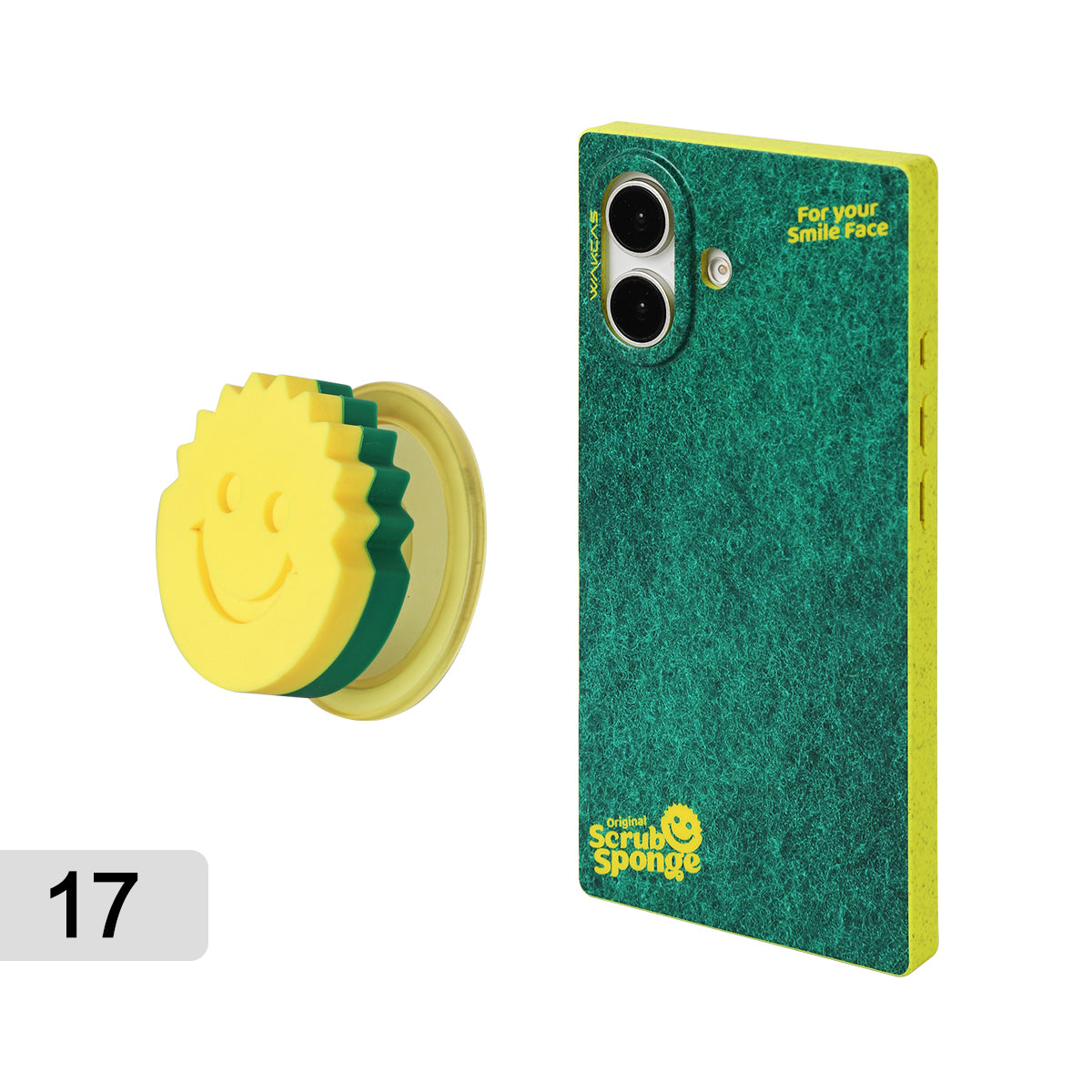 Sponge-print case for iPhone 17 next to the yellow smiley-face magnetic stand