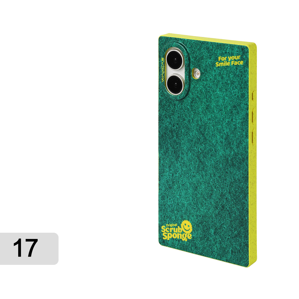 Green sponge-print magnetic case for iPhone 17, angled back view