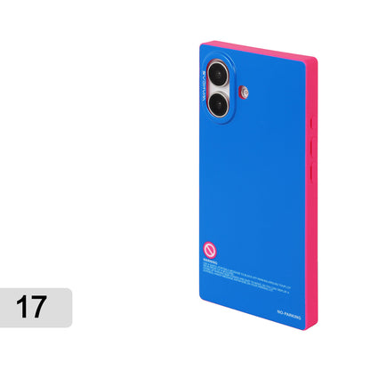 Blue square case with pink edges for iPhone 17, rear view