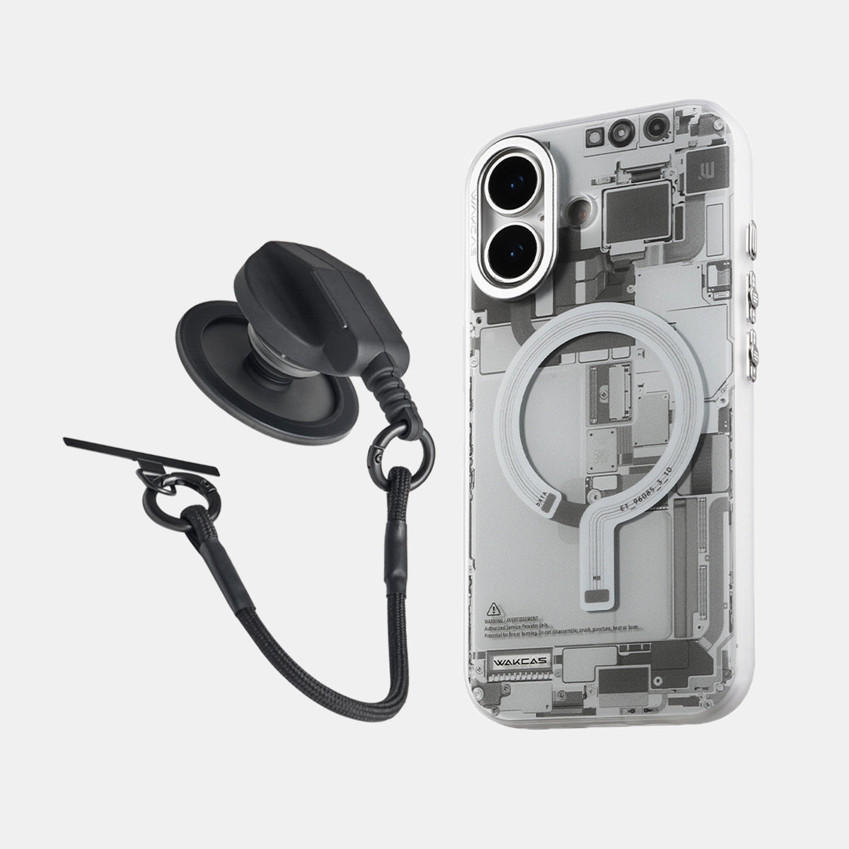 Grey circuit board iPhone 17 case next to black magnetic socket stand with lanyard