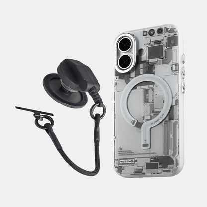 Grey circuit board iPhone 17 case next to black magnetic socket stand with lanyard