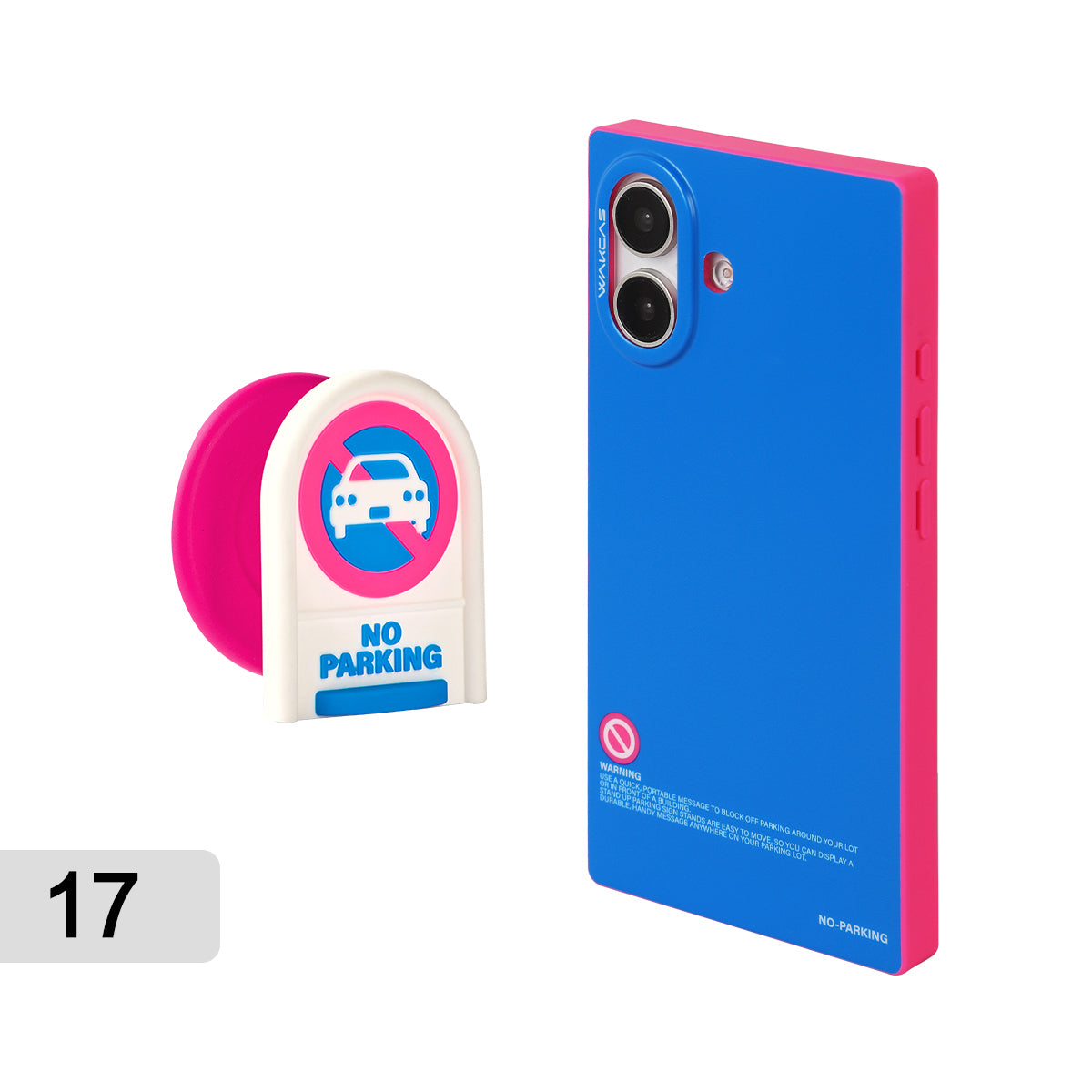 Blue and pink square case for iPhone 17 with No Parking stand