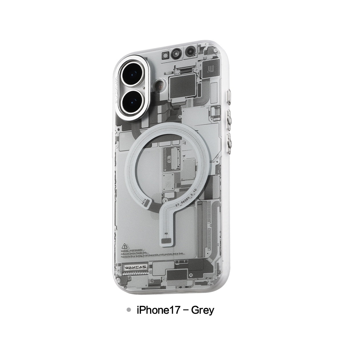 Grey circuit board case for iPhone 17, rear view