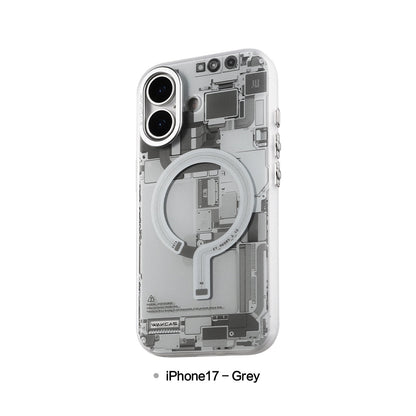Grey circuit board case for iPhone 17, rear view