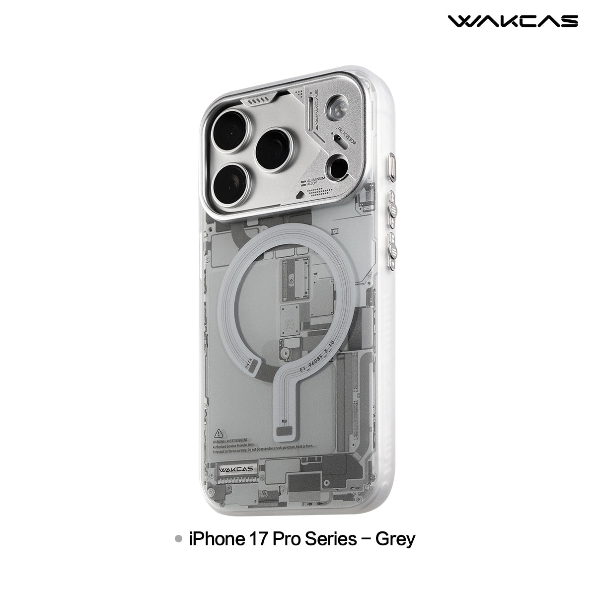 Grey circuit board case for iPhone 17 Pro series with silver camera surround