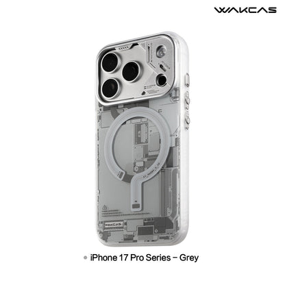 Grey circuit board case for iPhone 17 Pro series with silver camera surround