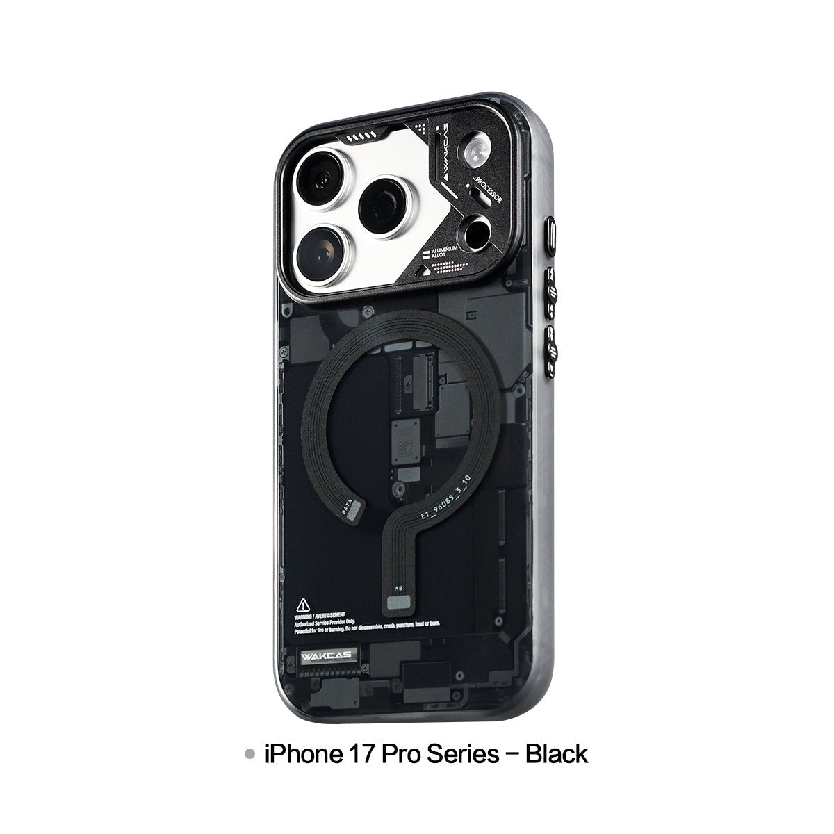 Black circuit board case on iPhone 17 Pro series with magnetic ring graphic