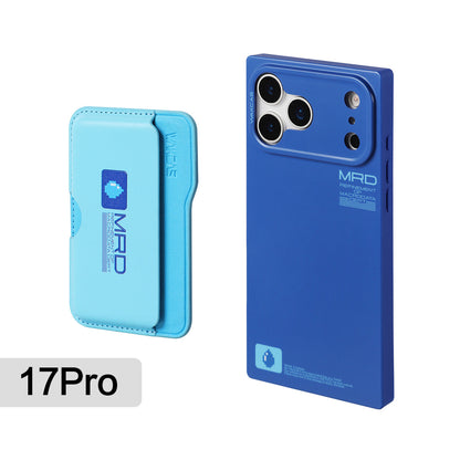Matte blue square case for iPhone 17 Pro with the light blue magnetic card holder