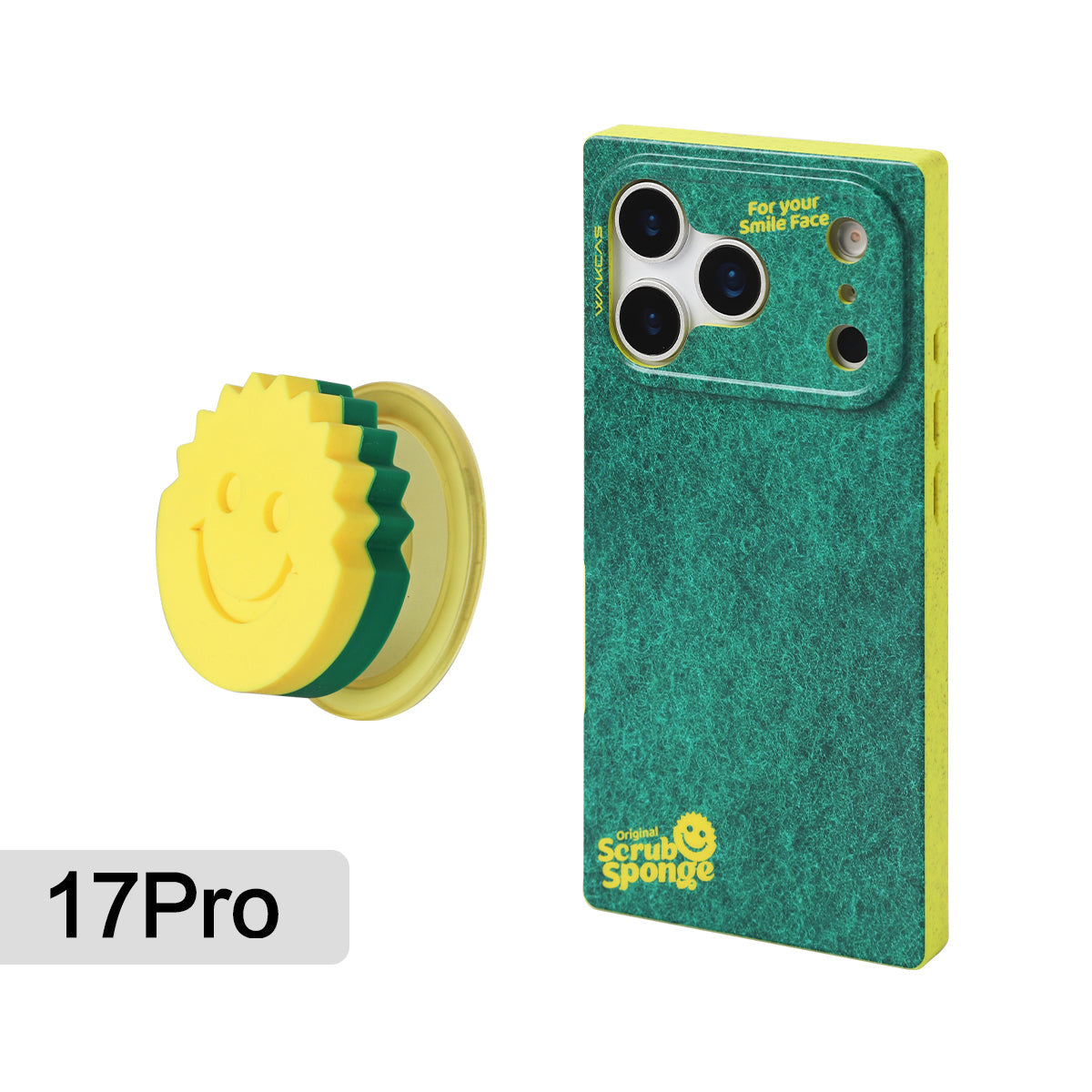 Sponge-print case for iPhone 17 Pro with the smiley-face magnetic stand