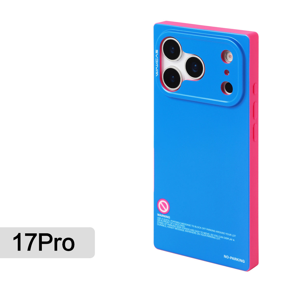 Blue square case with pink edges for iPhone 17 Pro, rear view