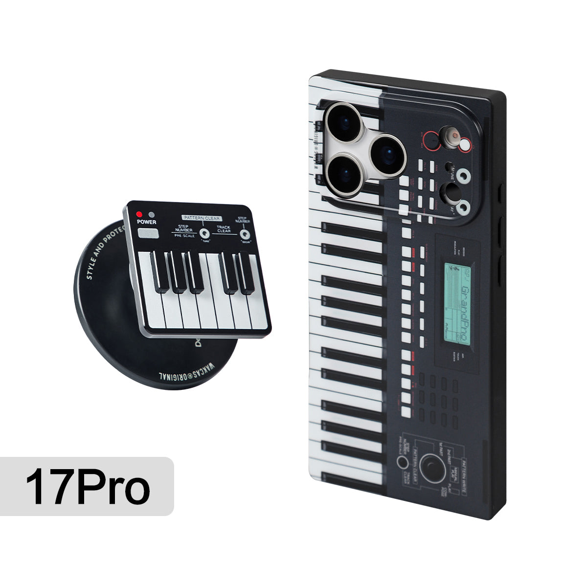 Black piano-key case for iPhone 17 Pro with the piano magnetic stand