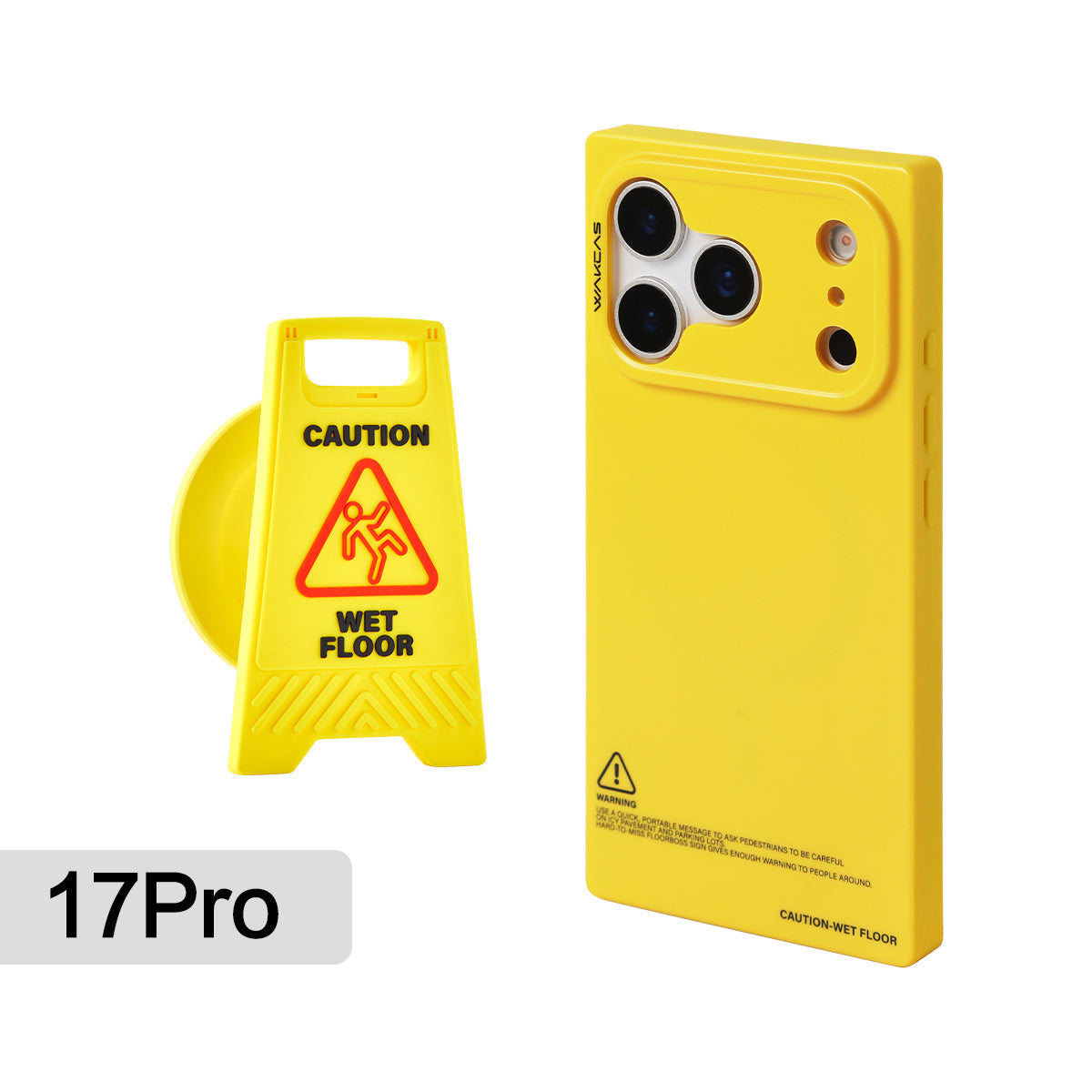 Yellow square case for iPhone 17 Pro with wet-floor sign stand