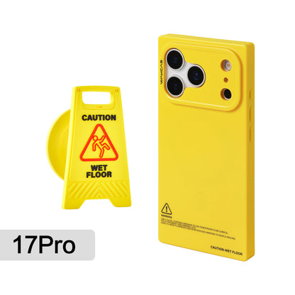 Yellow square case for iPhone 17 Pro with wet-floor sign stand