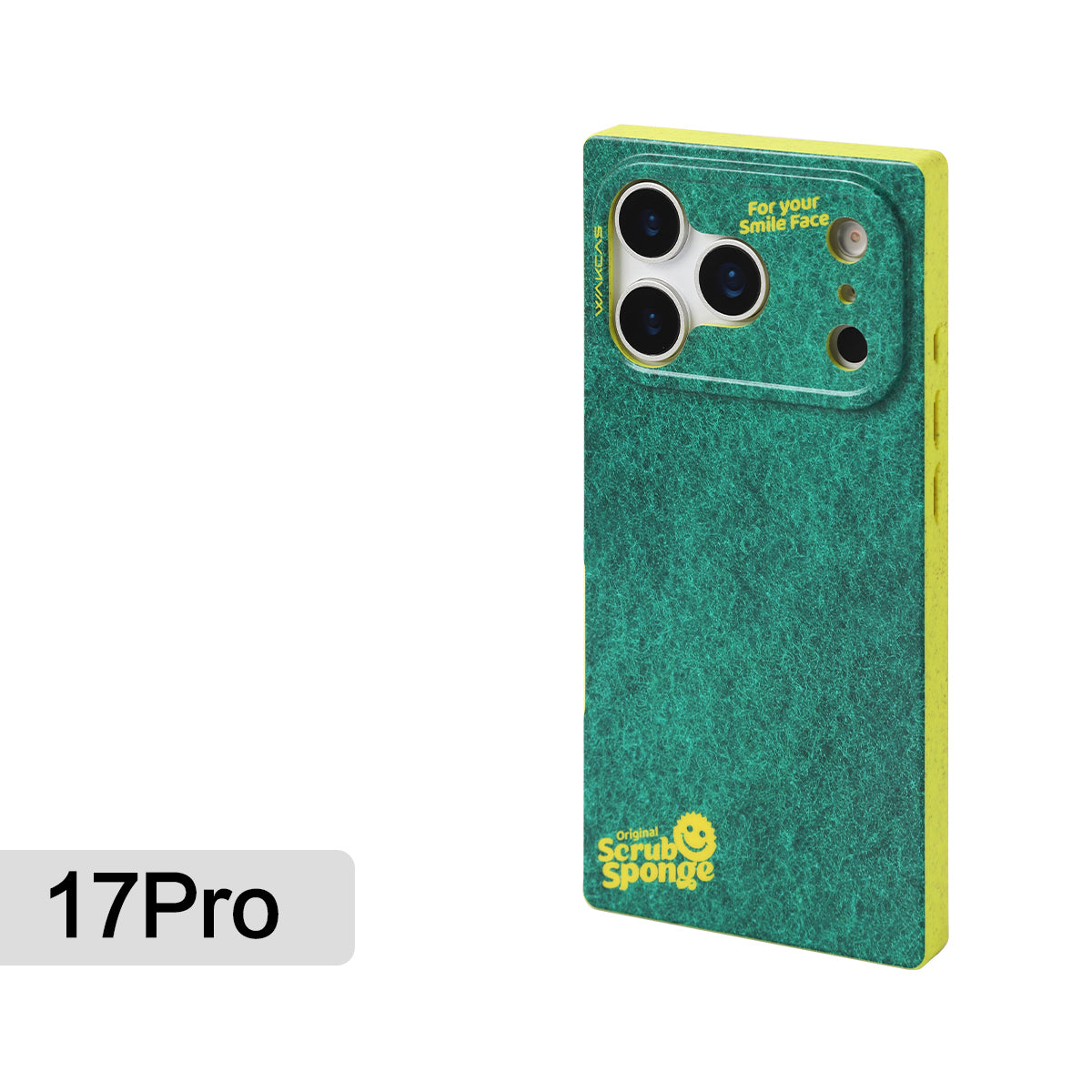 Green sponge-print magnetic case for iPhone 17 Pro, angled back view