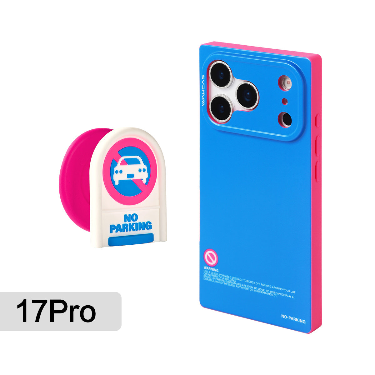 Blue and pink square case for iPhone 17 Pro with No Parking stand