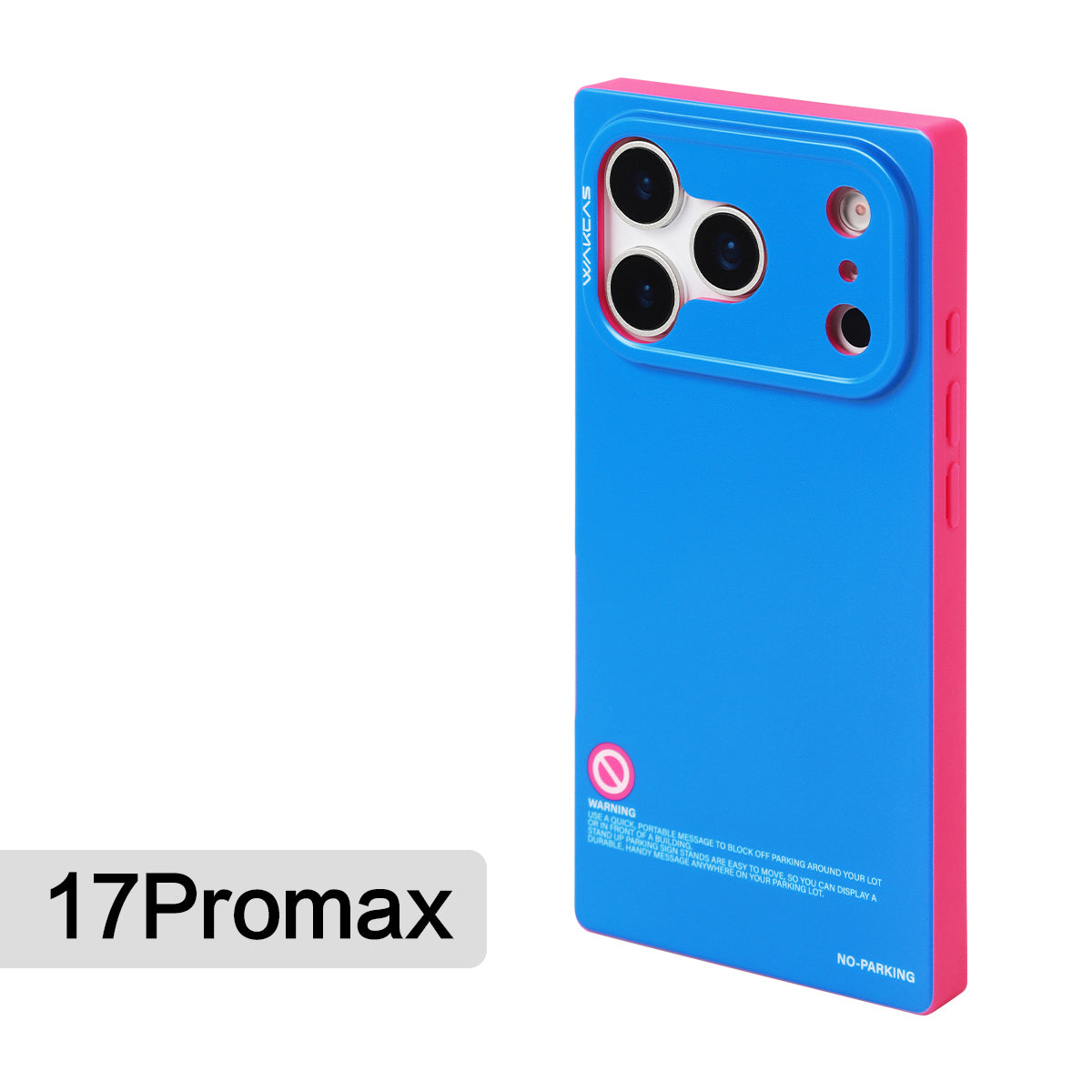 Blue square case with pink edges for iPhone 17 Pro Max, rear view
