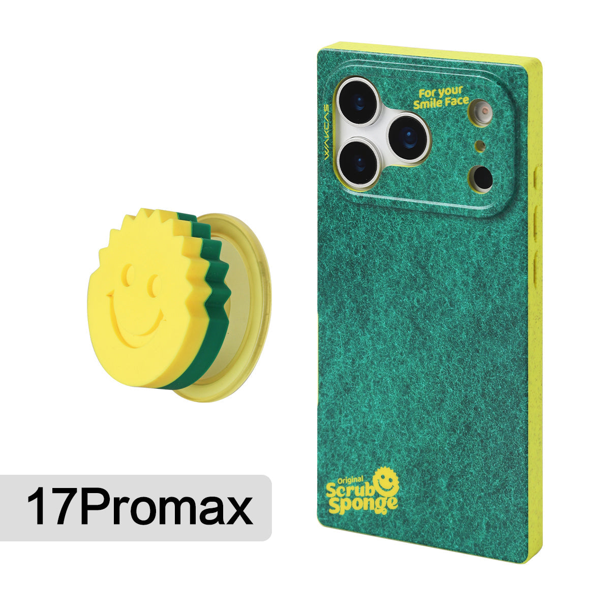 Sponge-print case for iPhone 17 Pro Max with the smiley-face magnetic stand