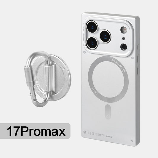 Matte silver square MagSafe case for iPhone 17 Pro Max with carabiner-style magnetic stand