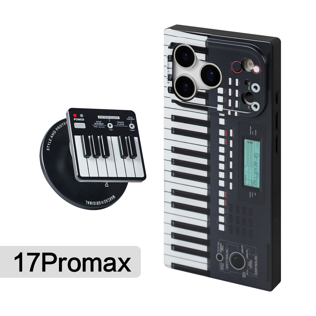 Black piano-key case for iPhone 17 Pro Max with the piano magnetic stand